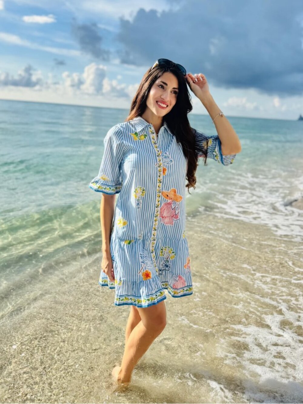 IslaPayal | Lisbon Mini Dress Martini Blue Stripe Lemons Button Front Size XL - Picture 2 of 12